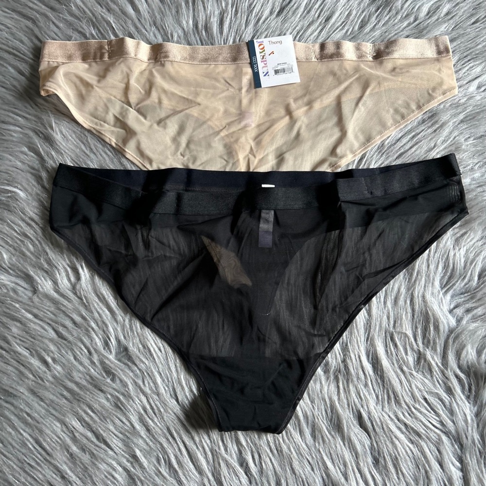 Joyspun Thong Women's Size XXXL (22) Panty Tan & Black Mesh Sheer Panties